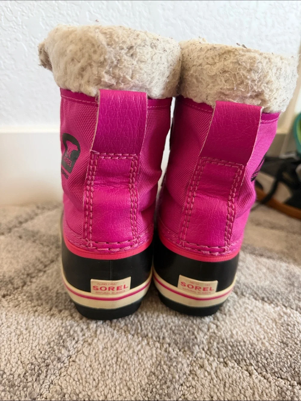 Sorel Pink and Black Kids Waterproof Snow Boots with Faux Fur Cuff